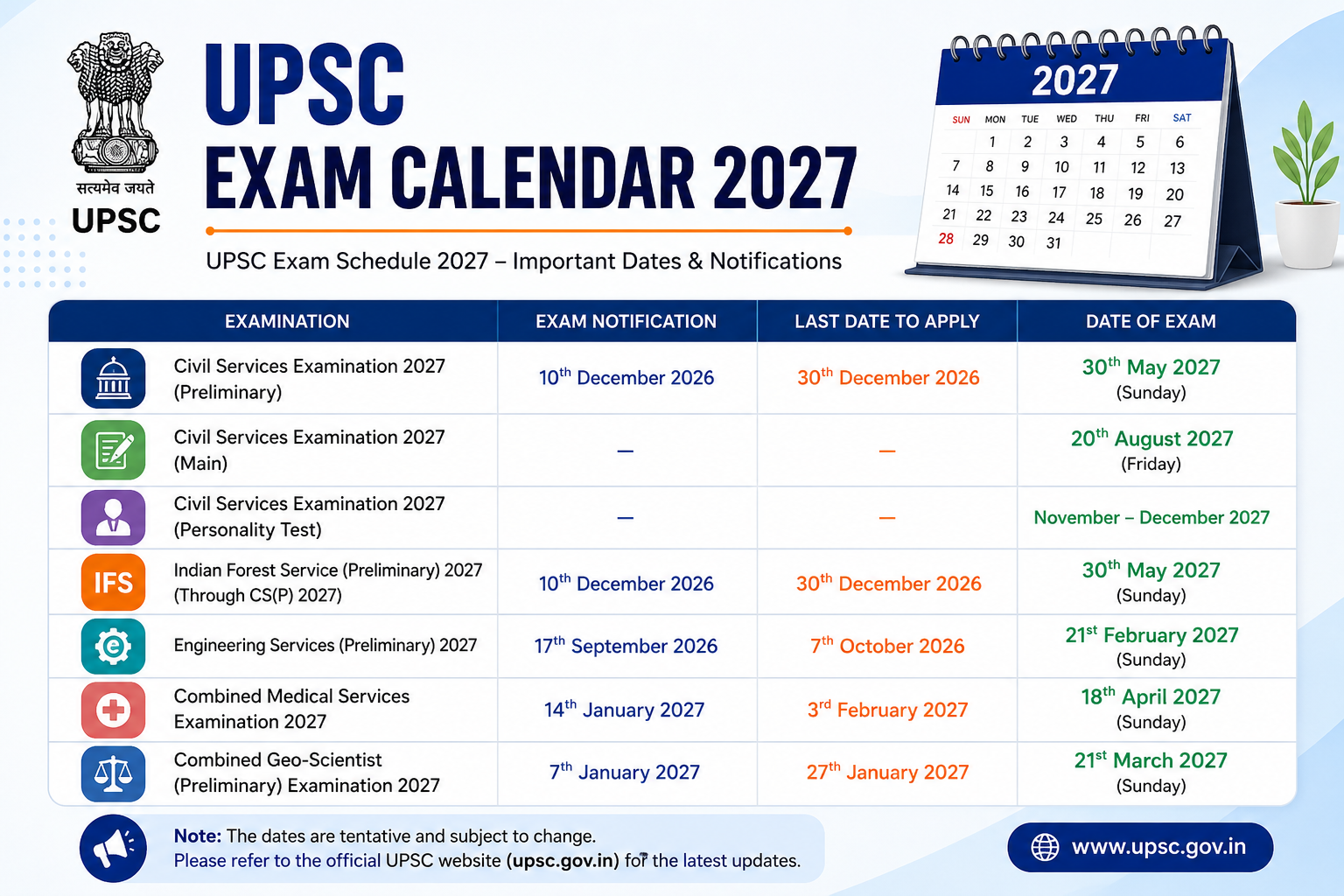 UPSC Exam Calendar 2027